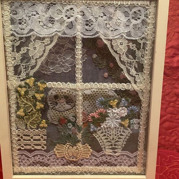 Enesco 1984 Framed Picture Art Cat Window Lace 11 1/4" X 8 3/4" X 1 1/2" Vintage - Picture 6 of 9